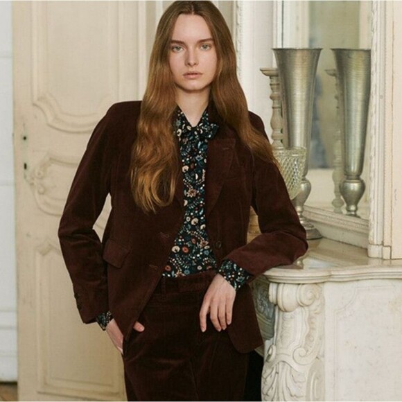 Ines De La Fressange Uniqlo Wine Velvet Blazer Jacket Large Fall Esquestrian - Picture 1 of 9